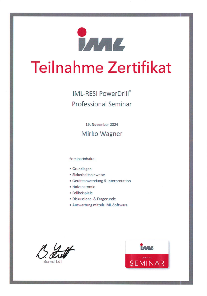 Zertifikat Bohrwiderstandsmessung Mirko Wagner