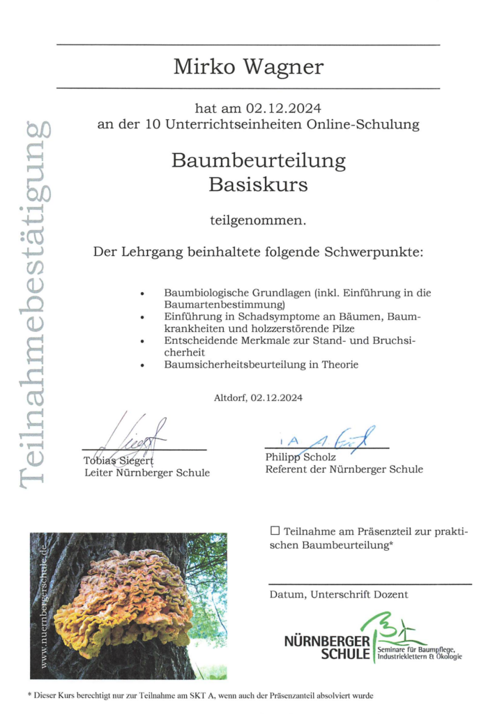 Zertifikat Baumbeurteilung Mirko Wagner